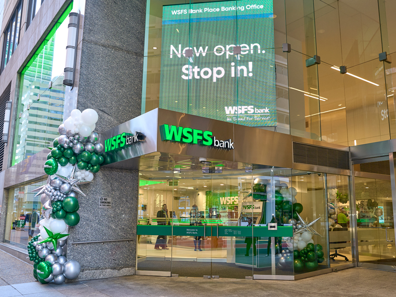 The exterior of the new WSFS Bank banking office at 1818 Market Street, Philadelphia, Pennsylvania.