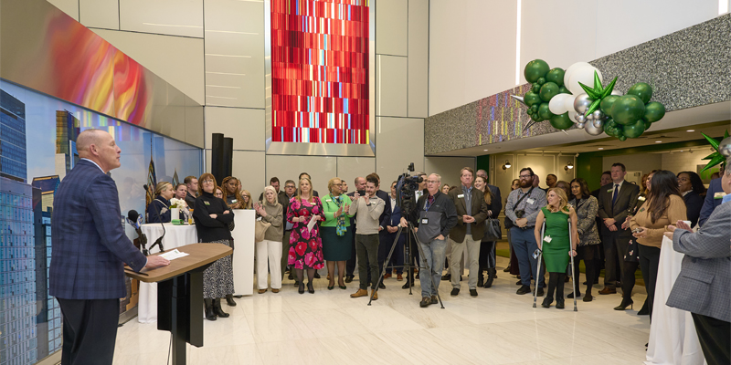 WSFS Bank Chairman, President and CEO, Rodger Levenson speaks at the Grand Opening of the WSFS Bank banking office and Wiss Fiss Lounge.