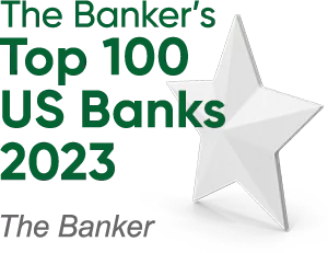 The Banker's Top 100 US Banks 2023, by the Banker. Award logo.