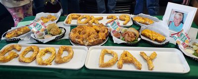Food on a table spelling out "Fox 29 Good Day."