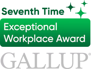 Seven time winner of exceptional workplace by Gallup. Award logo.