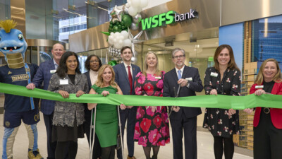 WSFS Bank Chairman, President and CEO, Rodger Levenson, and Chief Consumer Banking Officer, Shari Kruzinski, were joined by state, city and local representatives to celebrate the banking office and Wiss Fiss Lounge Grand Opening.