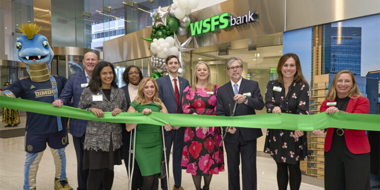 WSFS Bank Chairman, President and CEO, Rodger Levenson, and Chief Consumer Banking Officer, Shari Kruzinski, were joined by state, city and local representatives to celebrate the banking office and Wiss Fiss Lounge Grand Opening.
