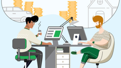 An illustration of two people reviewing their finances.