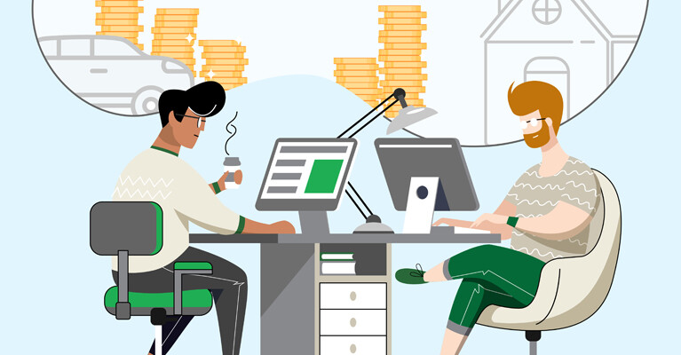 An illustration of two people reviewing their finances.