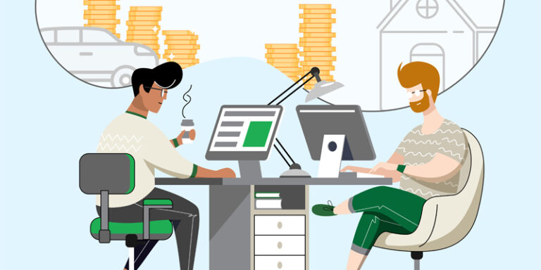 An illustration of two people reviewing their finances.