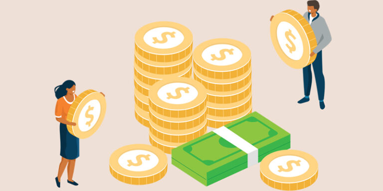 An illustration of two people holding money.