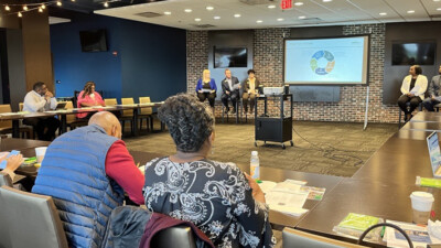 Attendees watch a presentation at a Small Business Workshop hosted by the WSFS Bank Small Business and SBA teams and the African American Chamber of Commerce at the Philadelphia Union’s home, Subaru Park.