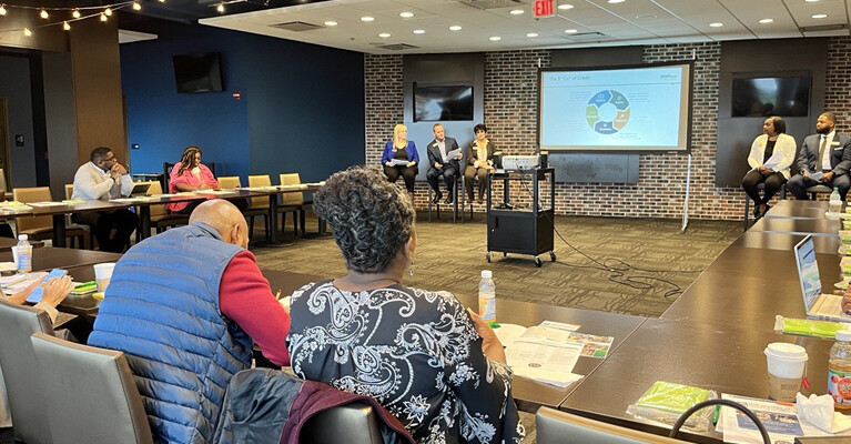 Attendees watch a presentation at a Small Business Workshop hosted by the WSFS Bank Small Business and SBA teams and the African American Chamber of Commerce at the Philadelphia Union’s home, Subaru Park.