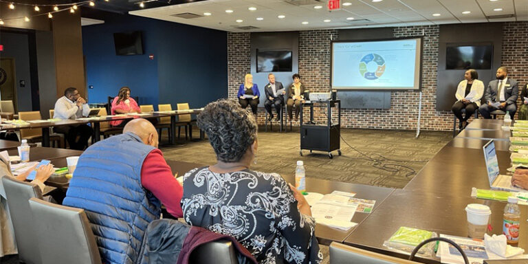 Attendees watch a presentation at a Small Business Workshop hosted by the WSFS Bank Small Business and SBA teams and the African American Chamber of Commerce at the Philadelphia Union’s home, Subaru Park.