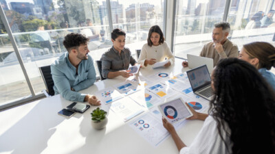 A group of businesspeople reviewing charts at a conference table.