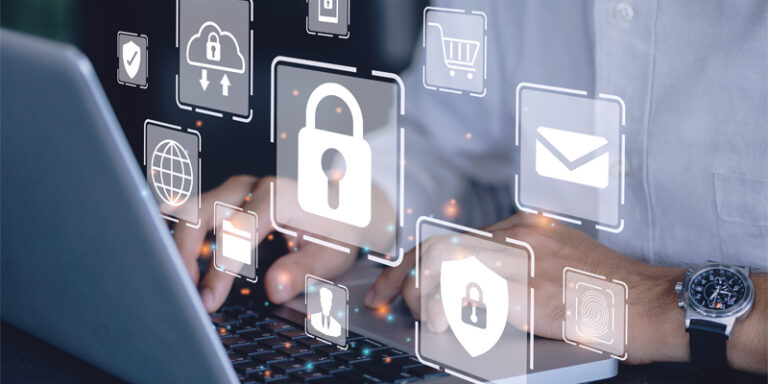 A man using a laptop, with digital privacy iconography surrounding him.