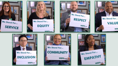 Various WSFS Associates holding signs to emphasize the company's DEI efforts. We Stand For...Service. We Stand For...Equity. We Stand For...Respect. We Stand For...Value. We Stand For...Inclusion. We Stand For...Community. We Stand For...Empathy.