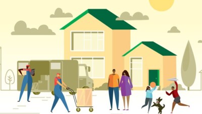 Vector illustration of family moving into a house, with assistance from a moving crew.