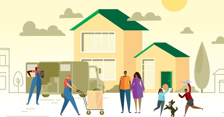 Vector illustration of family moving into a house, with assistance from a moving crew.