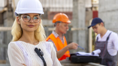 A woman smiling at a construction site.
