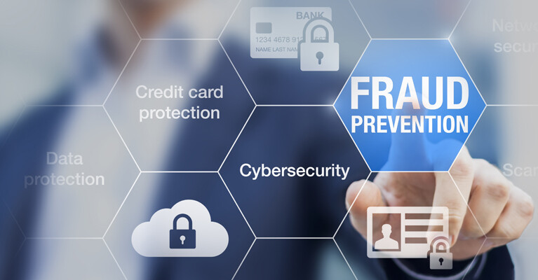 A hand pointing at graphics that say fraud prevention, cybersecurity, credit card protection and data protection.