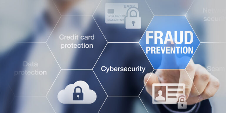 A hand pointing at graphics that say fraud prevention, cybersecurity, credit card protection and data protection.