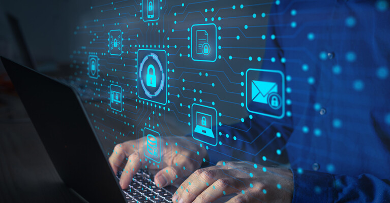 Computer user with several digital icons in front of them.