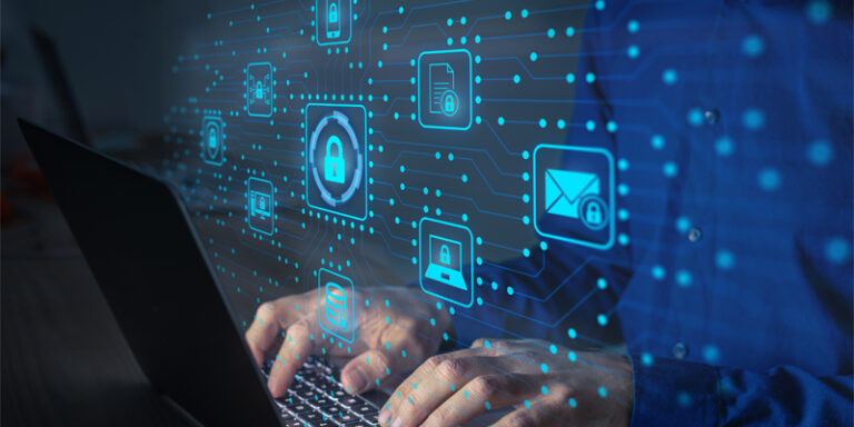 Computer user with several digital icons in front of them.