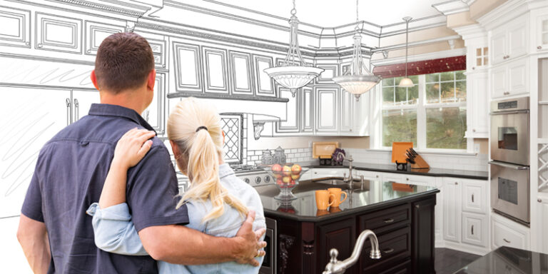 A couple embracing in front of an image of their kitchen, half of which is planned illustration and half of which is a photograph.