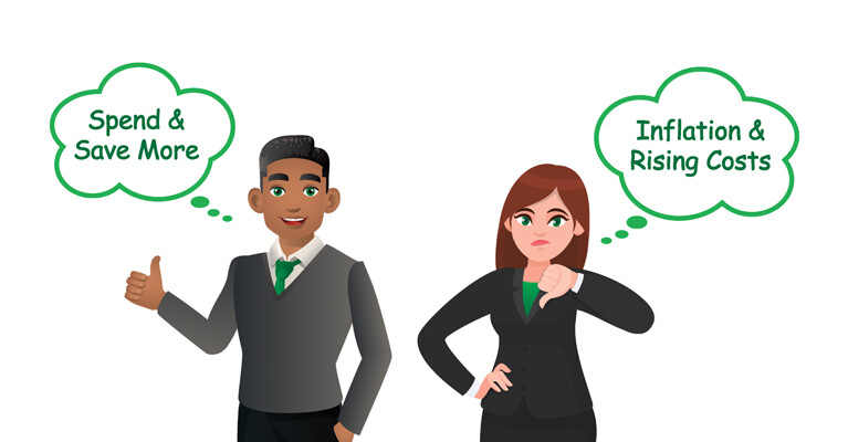 An illustration of two people with thought bubbles that say “spend & save more” and “inflation & rising costs.”