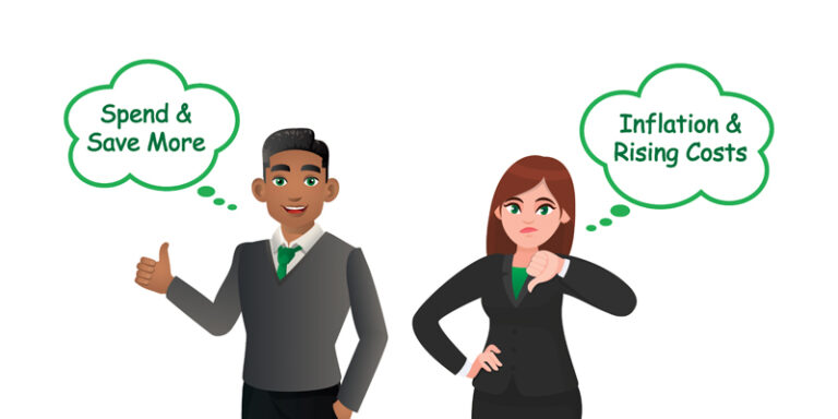 An illustration of two people with thought bubbles that say “spend & save more” and “inflation & rising costs.”
