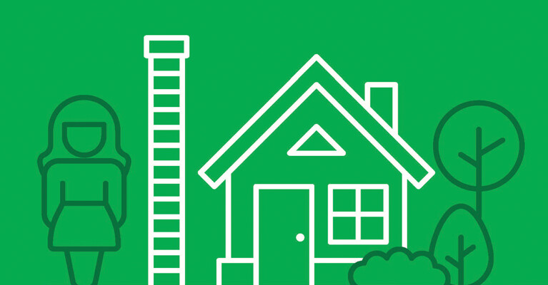 An illustration of a woman with a barrier between her and a house.