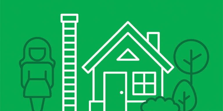 An illustration of a woman with a barrier between her and a house.
