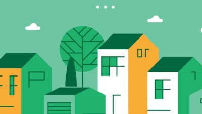 A vector illustration of houses and a tree.