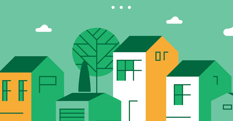 A vector illustration of houses and a tree.