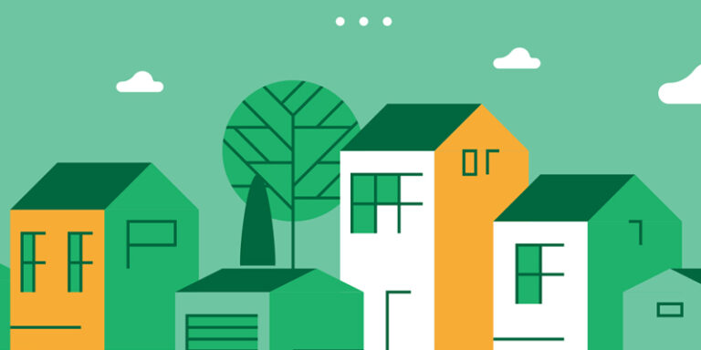 A vector illustration of houses and a tree.