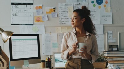 Woman holding coffee cup in front of work desk.