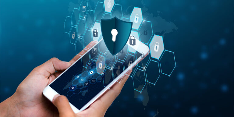 A cell phone surrounded by graphics of locks.