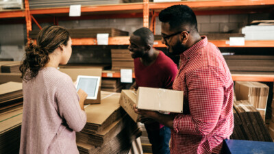 Woman and two men in a warehouse, looking at a tablet and holding cardboard boxes.