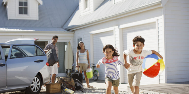 A family unpacking at their vacation home.