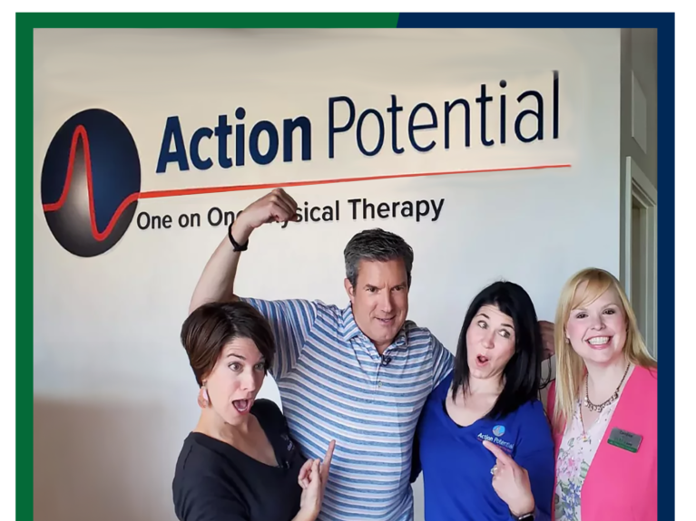 The staff of Action Potential Physical Therapy, alongside WSFS Associate Candace and Fox 29 anchor Bob Kelly.