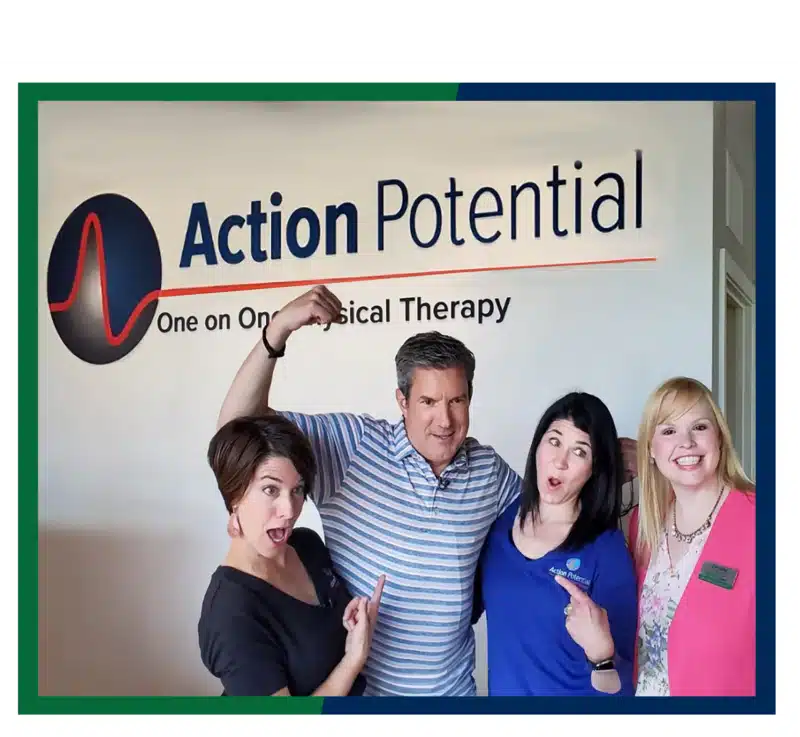 The staff of Action Potential Physical Therapy, alongside WSFS Associate Candace and Fox 29 anchor Bob Kelly.