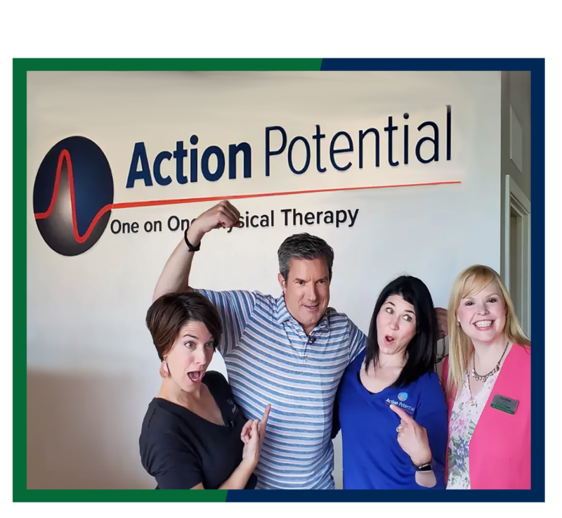 The staff of Action Potential Physical Therapy, alongside WSFS Associate Candace and Fox 29 anchor Bob Kelly.