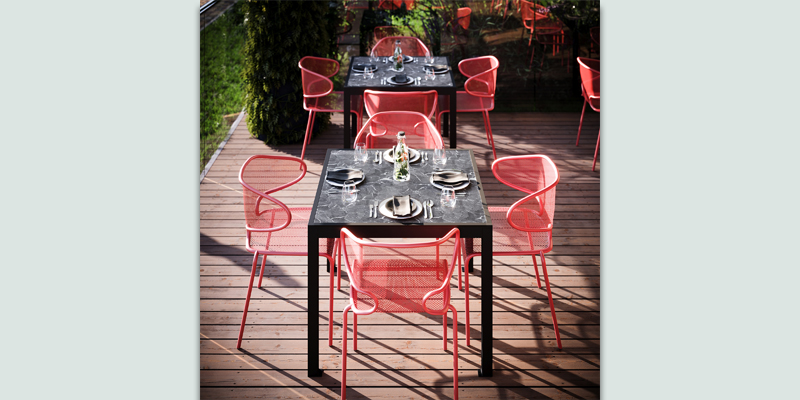 Red outdoor furniture set.
