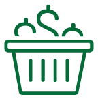 Icon of a basket holding $ symbols.