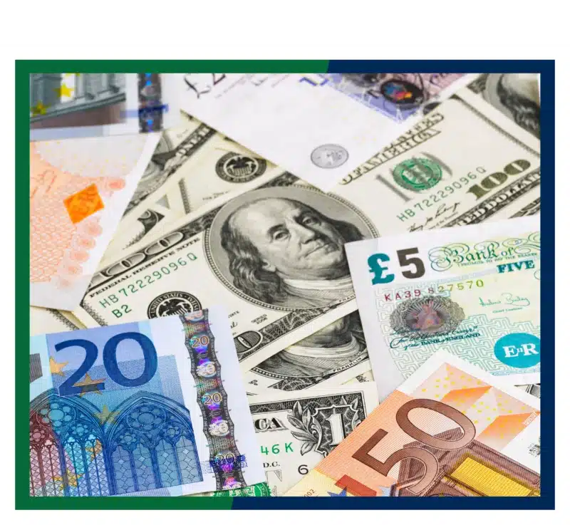 Pile of foreign currency.