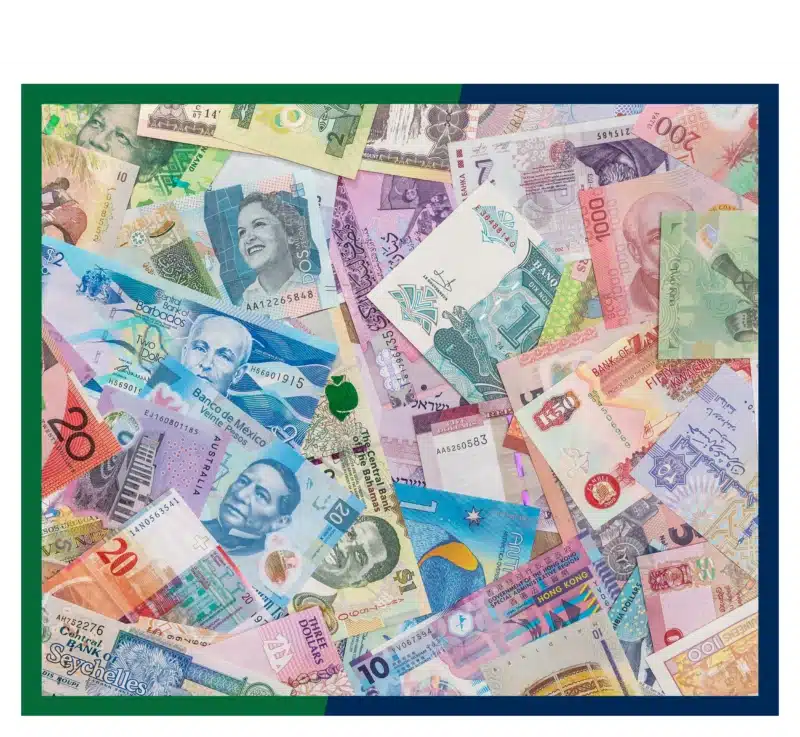 A pile of foreign currency notes.