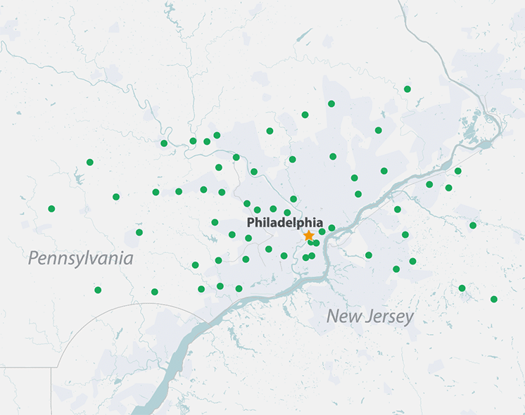 Map of WSFS Bank locations in the Greater Philadelphia area