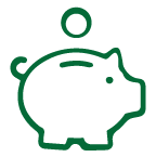 Icon of a piggy bank with a coin going into it.
