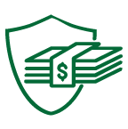 Icon of a shield with a stack of dollar bills beside it.
