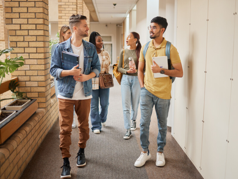 College students in a hallway.