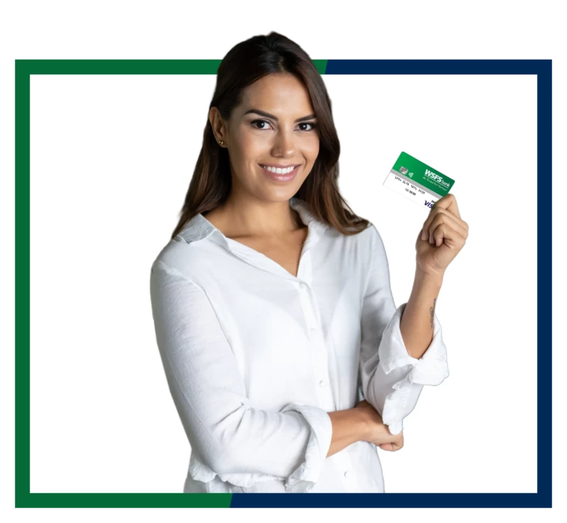 A woman holding WSFS debit card.